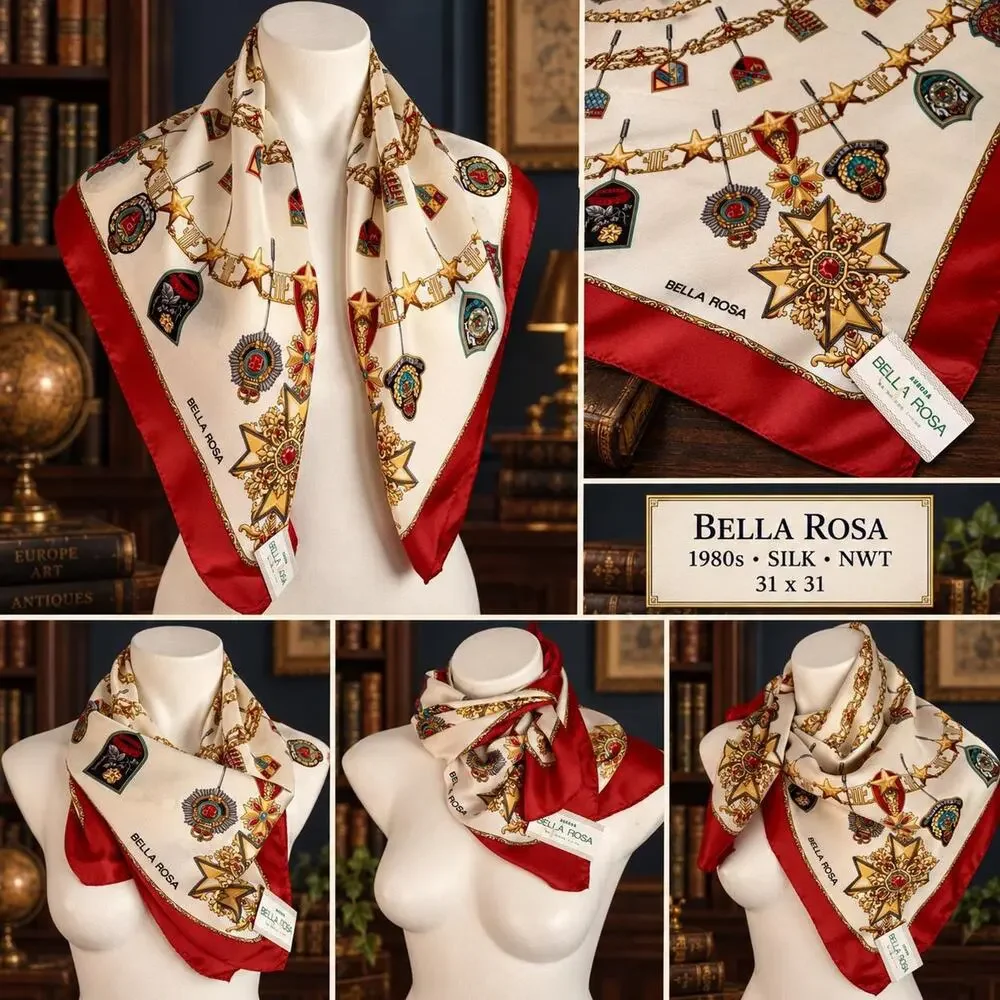 Vintage Bella Rosa Silk Scarf NWT Heraldic Medallion Crest Print 1980s Red 31x31